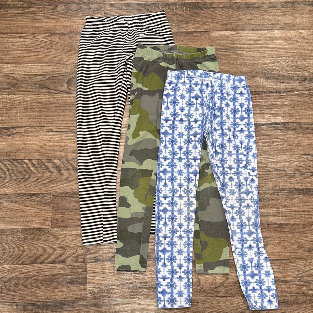 Kids Patterned Leggings Set - Black Stripes, Green Camo, Blue Tie Dye